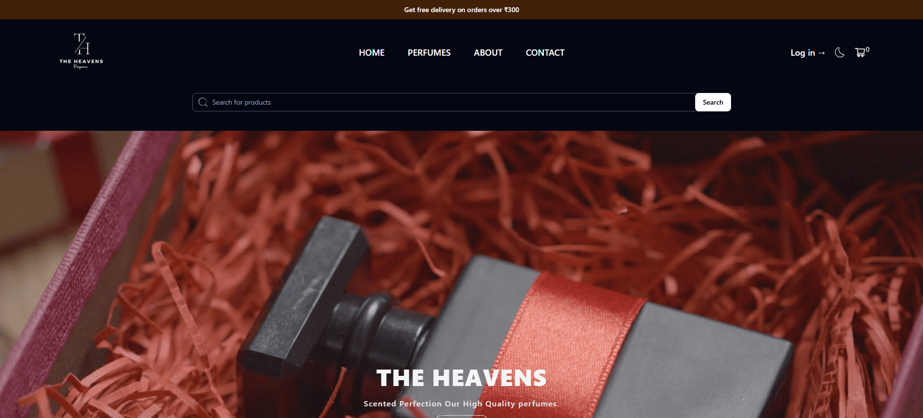 The Heavens Perfume e-commerce store with product grid and elegant design